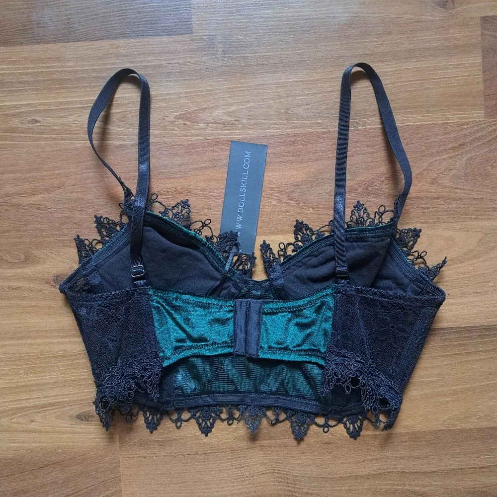 Green Forest Elf Fairy Ivy Velvet Lace Bustier Bodice Bralette Gothic Goth Top - Picture 2 of 4